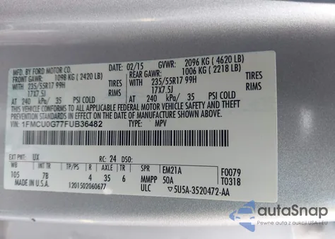 2015 Ford Escape Se z USA, uszkodzony, nr VIN 1FMCU0G77FUB36482